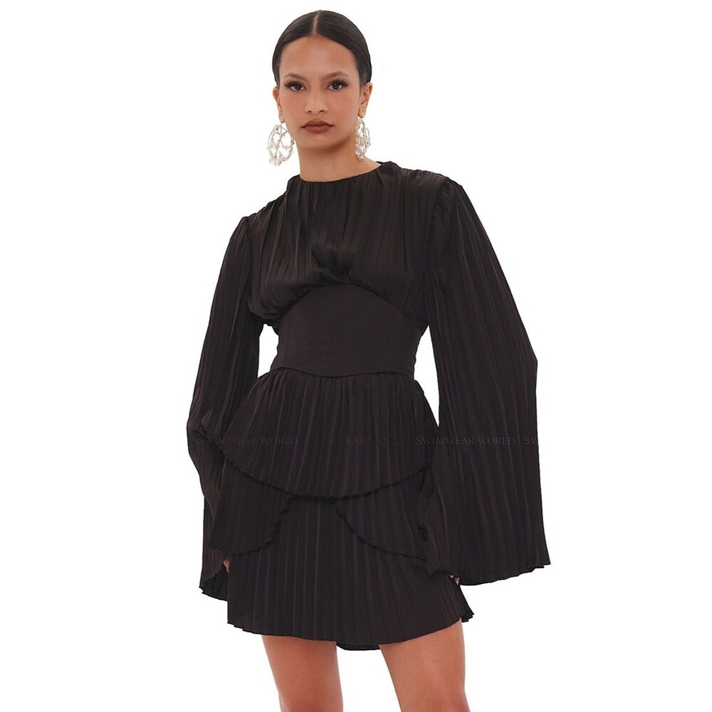 Andrea Iyamah Lenti Pleated Corset Mini Dress Black Onyx Resortwear Medium